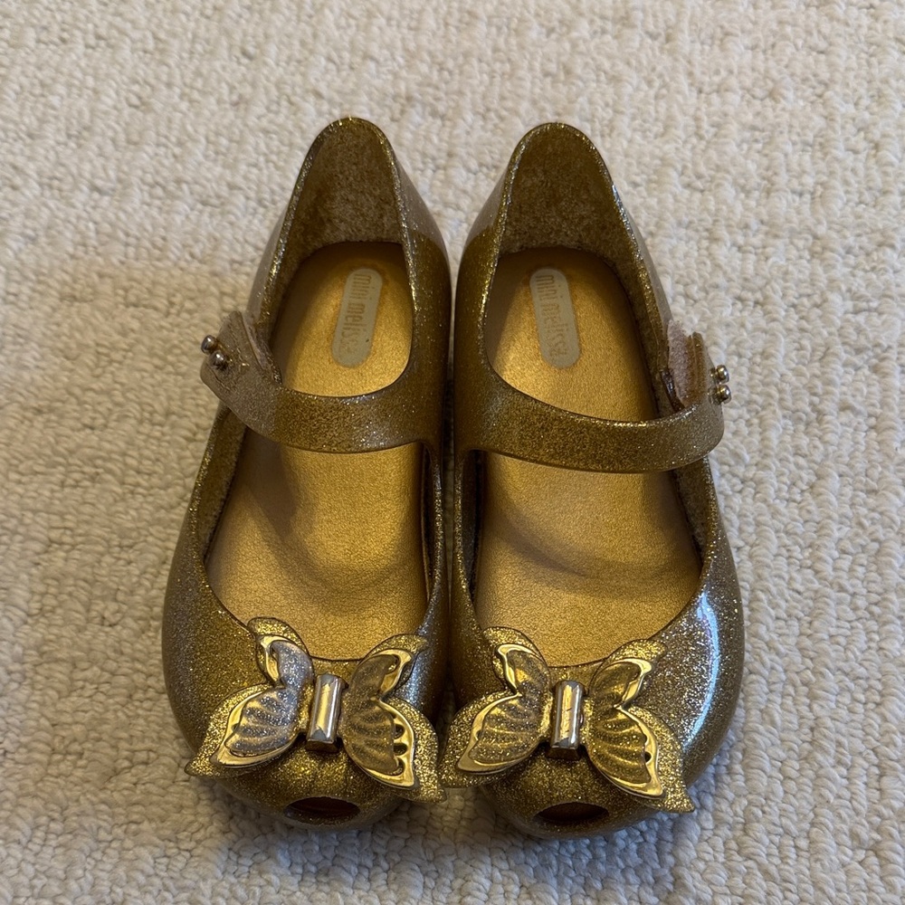 Mini Melissa Gold Glitter Dress Shoes with Butterfly